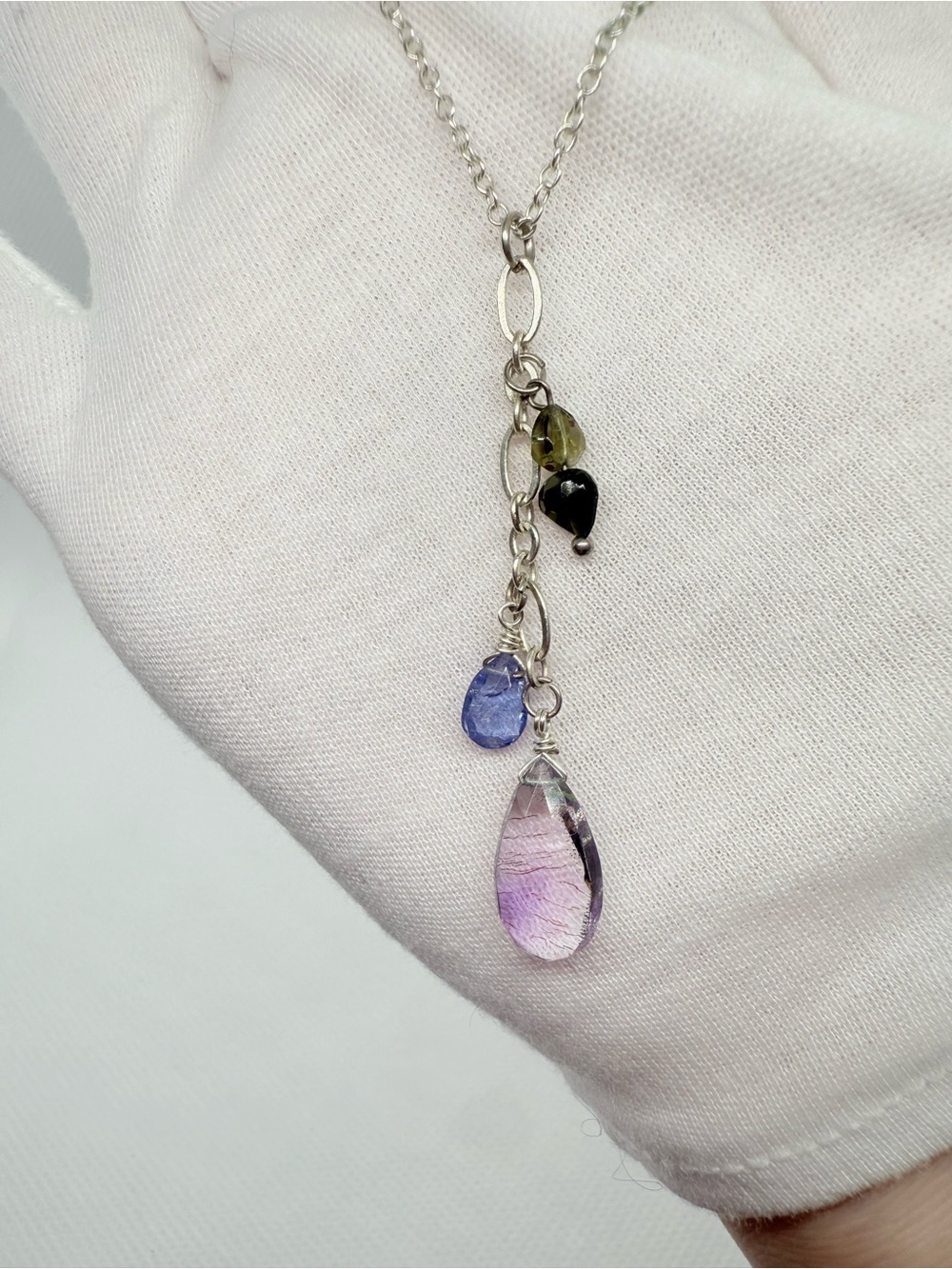 Silver Drop Necklace with Purple, Blue and Olive Gemstone Charms